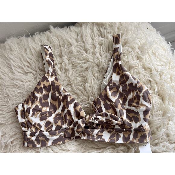 Aerie Leopard Print Bikini Top Size M Scoop Neck Knot Front Swimwear NWT $39.95 - Picture 1 of 8